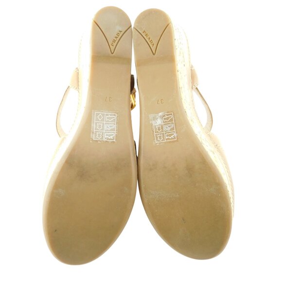 PRADA Logo Tan Brown Leather Crisscross Cork Wedge Sling Heel Sandals 37 - Picture 7 of 11